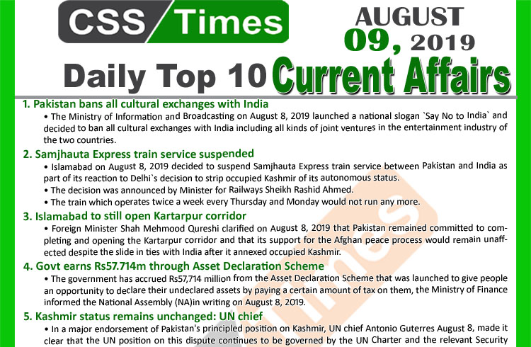 Day by Day Current Affairs (August 8, 2019) MCQs for CSS, PMS