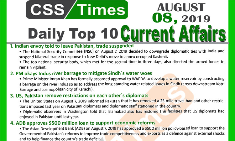 Day by Day Current Affairs (August 8, 2019)MCQs for CSS, PMS