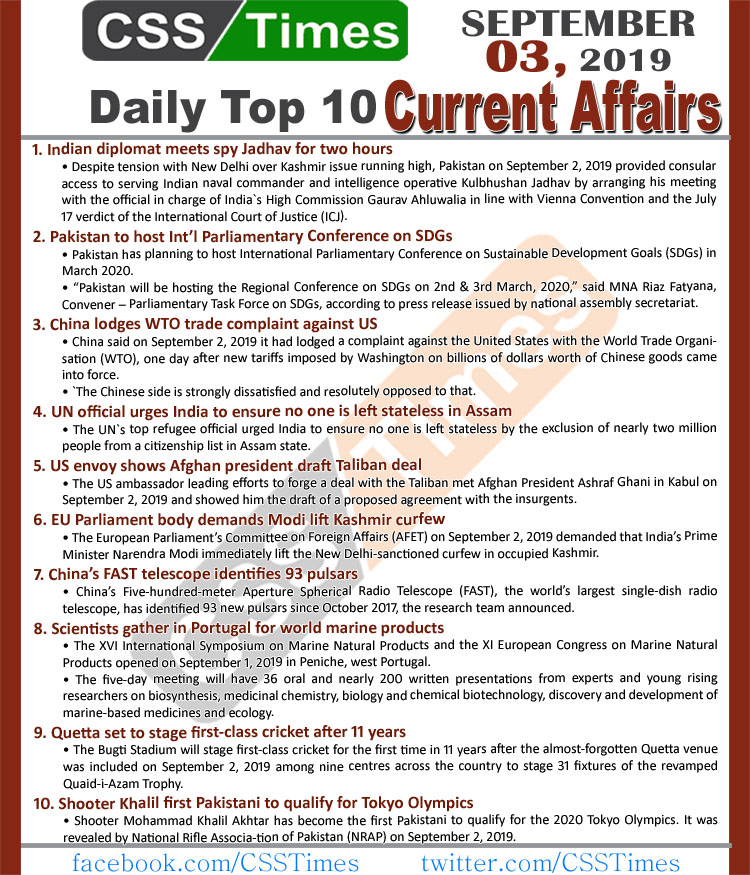Day by Day Current Affairs (September 03, 2019) | MCQs for CSS, PMS