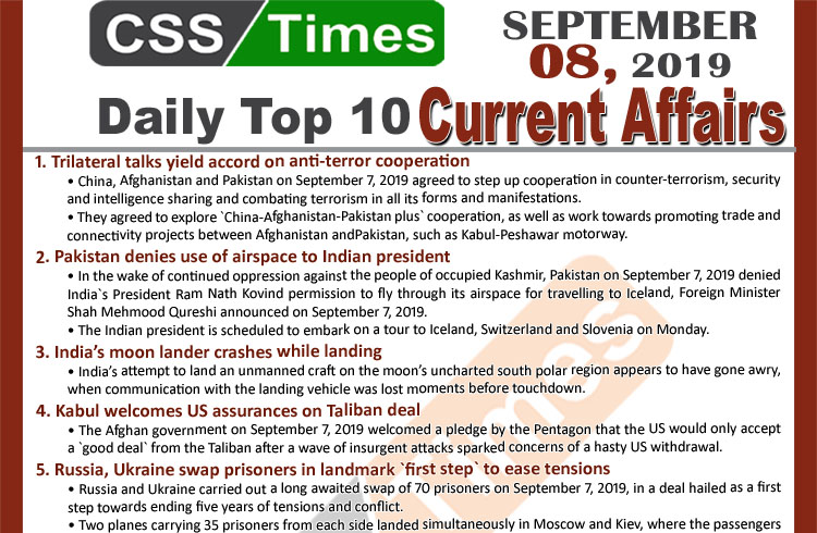 Day by Day Current Affairs (September 08, 2019) | MCQs for CSS, PMS