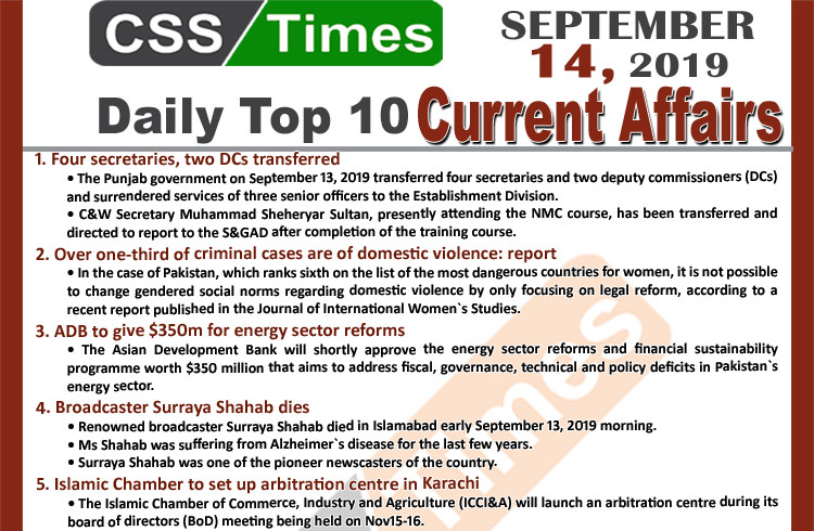 Day by Day Current Affairs (September 14, 2019) | MCQs for CSS, PMS