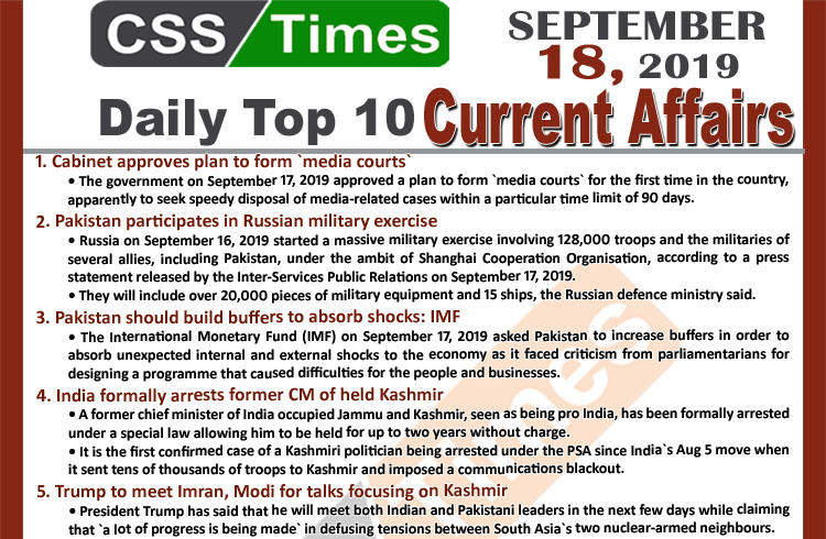 Day by Day Current Affairs (September 18, 2019) | MCQs for CSS, PMS