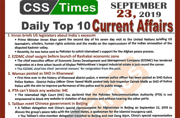 Day by Day Current Affairs (September 23, 2019) | MCQs for CSS, PMS