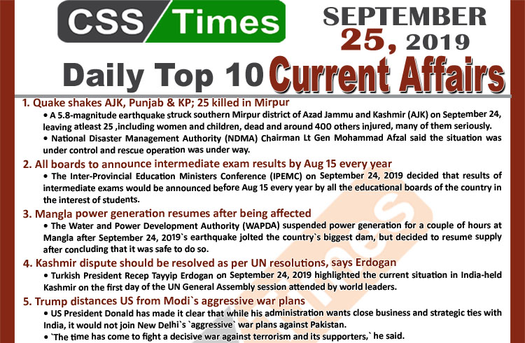 Day by Day Current Affairs (September 25, 2019) MCQs for CSS,