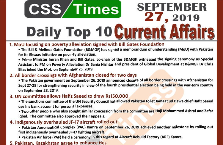 Day by Day Current Affairs (September 27, 2019) | MCQs for CSS, PMS