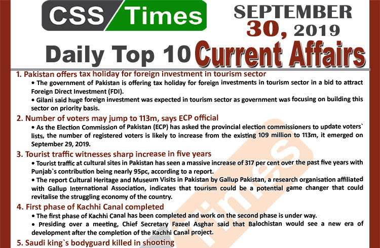 Day by Day Current Affairs (September 30, 2019) | MCQs for CSS, PMS