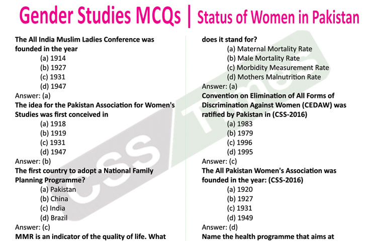 Gender Studies MCQs | Status of Women in Pakistan