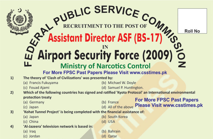 Assistant Director (BS-16) ASF 2009 | FPSC ASF Past Paper