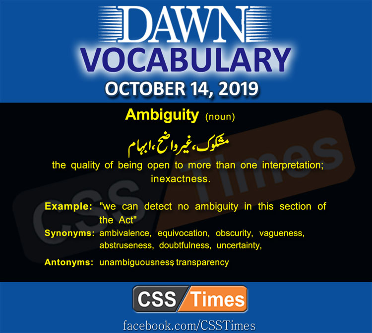 Daily Dawn Vocabulary with Urdu Meaning 14 October 2019