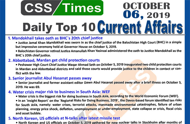 Day by Day Current Affairs (October 06 2019) | MCQs for CSS, PMS