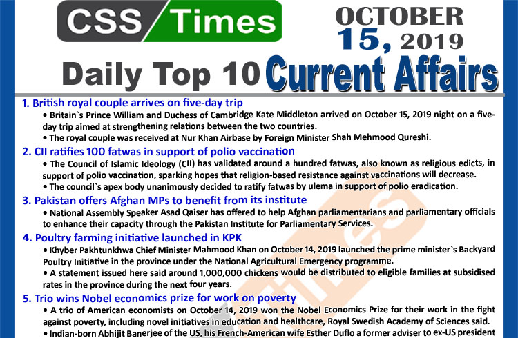 Day by Day Current Affairs (October 15 2019) | MCQs for CSS, PMS