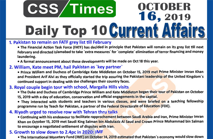 Day by Day Current Affairs October 16 2019MCQs for CSS PMS