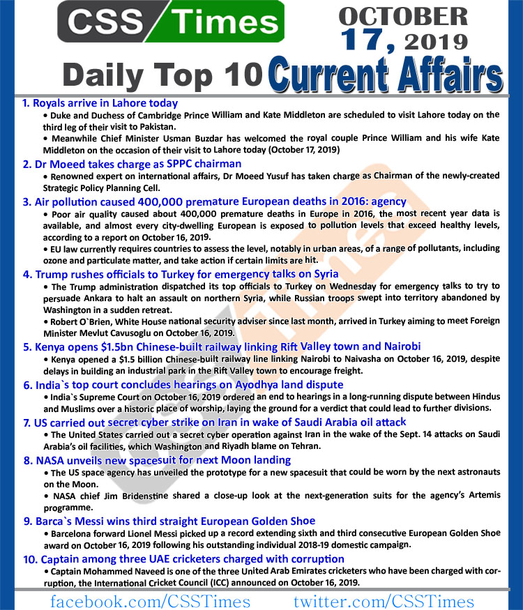 Day by Day Current Affairs (October 17 2019) MCQs for CSS, PMS