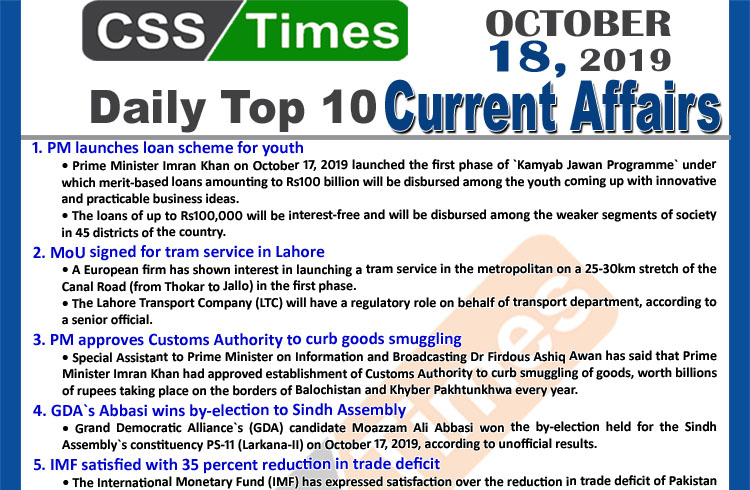 Day by Day Current Affairs (October 18 2019) MCQs for CSS, PMS