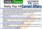 Day by Day Current Affairs October 19 2019MCQs for CSS PMS