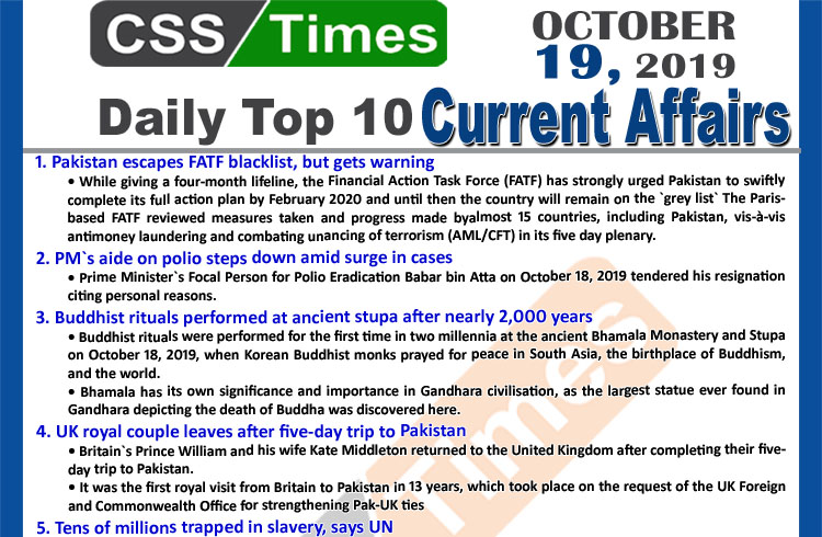 Day by Day Current Affairs October 19 2019MCQs for CSS PMS