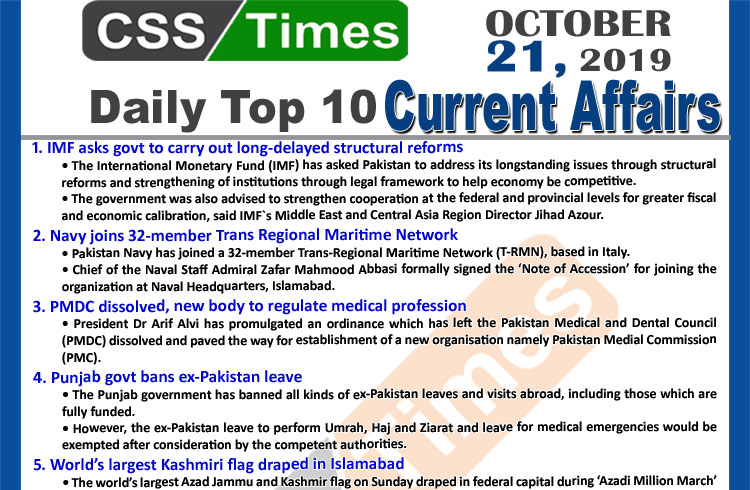 Day by Day Current Affairs (October 21 2019) | MCQs for CSS, PMS