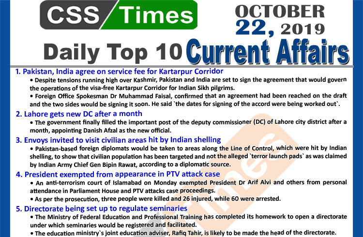 Day by Day Current Affairs (October 22 2019) | MCQs for CSS, PMS