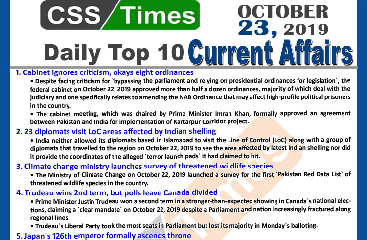 Day by Day Current Affairs October 23 2019MCQs for CSS PMS