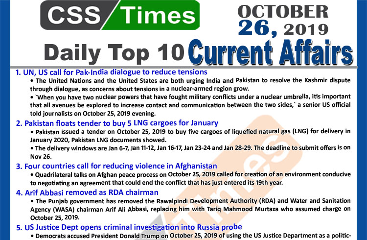 Day by Day Current Affairs (October 25 2019)MCQs for CSS, PMS