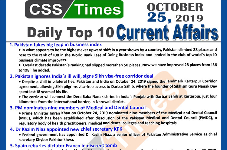 Day by Day Current Affairs (October 25 2019) | MCQs for CSS, PMS