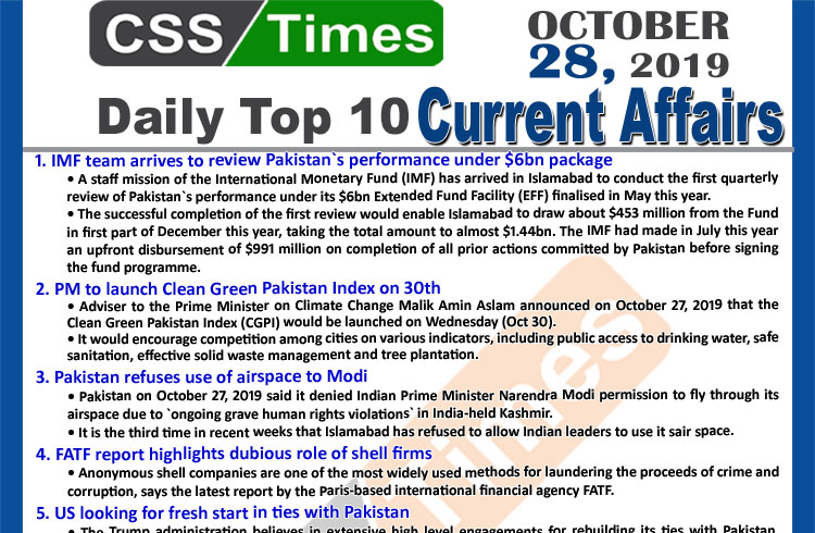 Day by Day Current Affairs (October 28 2019) | MCQs for CSS, PMS