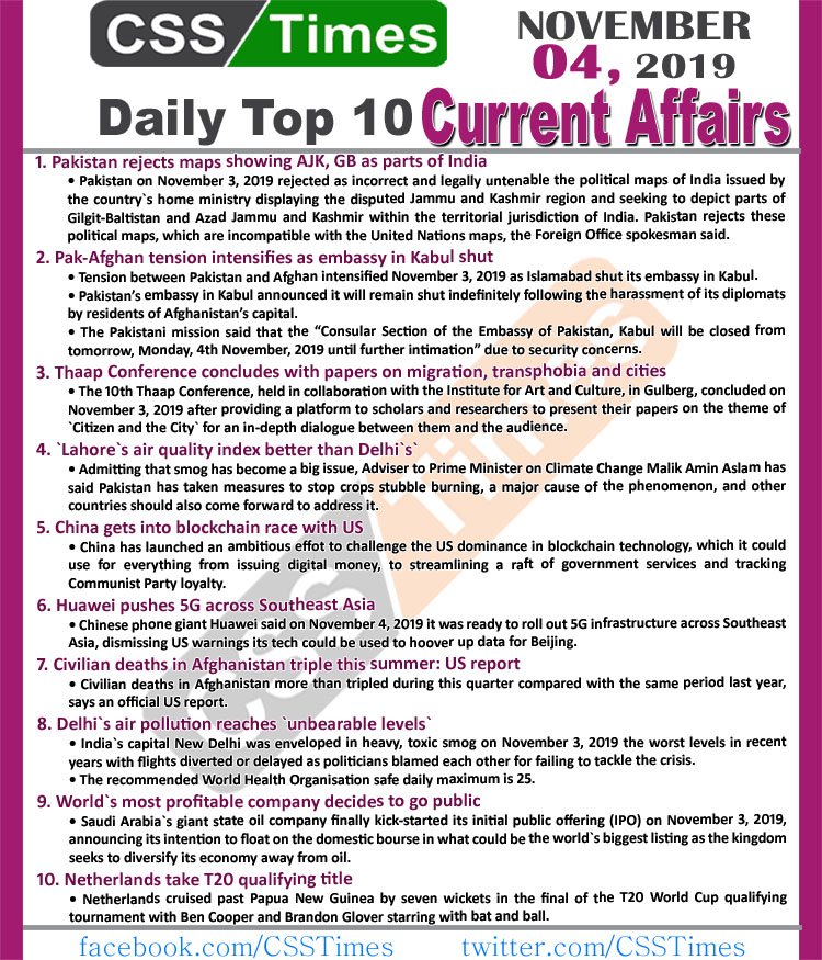 Day by Day Current Affairs (November 04 2019) | MCQs for CSS, PMS