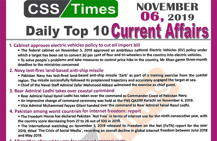 Day by Day Current Affairs (November 06 2019) | MCQs for CSS, PMS