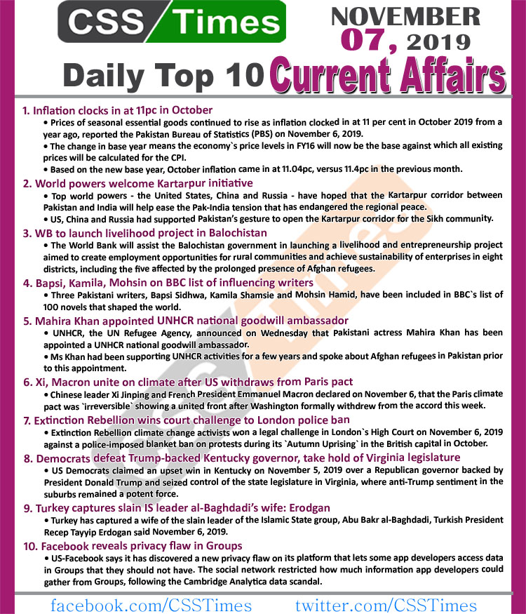 Day by Day Current Affairs (November 07 2019) | MCQs for CSS, PMS