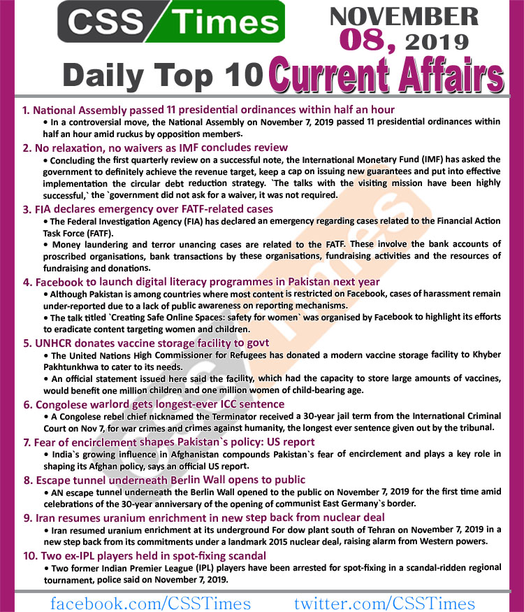 Day by Day Current Affairs (November 08 2019) | MCQs for CSS, PMS