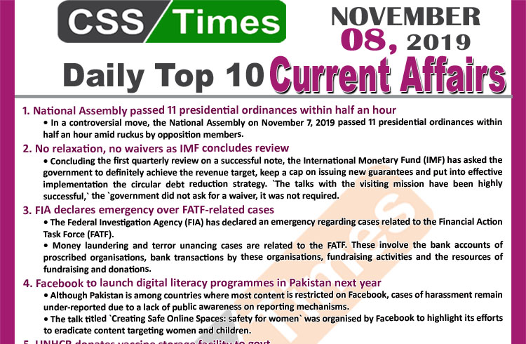 Day by Day Current Affairs (November 08 2019) | MCQs for CSS, PMS