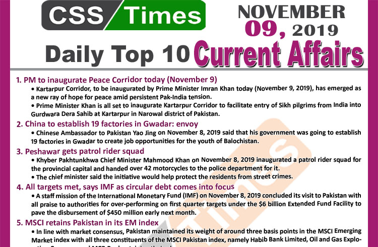 Day by Day Current Affairs (November 09 2019) | MCQs for CSS, PMS