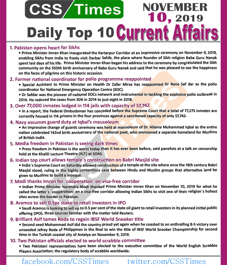 Day by Day Current Affairs (November 10 2019) | MCQs for CSS, PMS