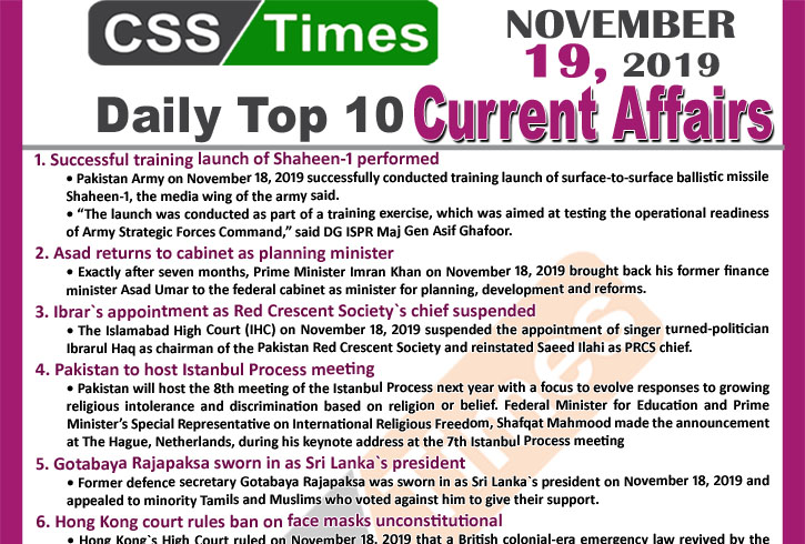 Day by Day Current Affairs November 19 2019MCQs for CSS PMS