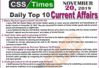 Day by Day Current Affairs (November 20 2019) | MCQs for CSS, PMS