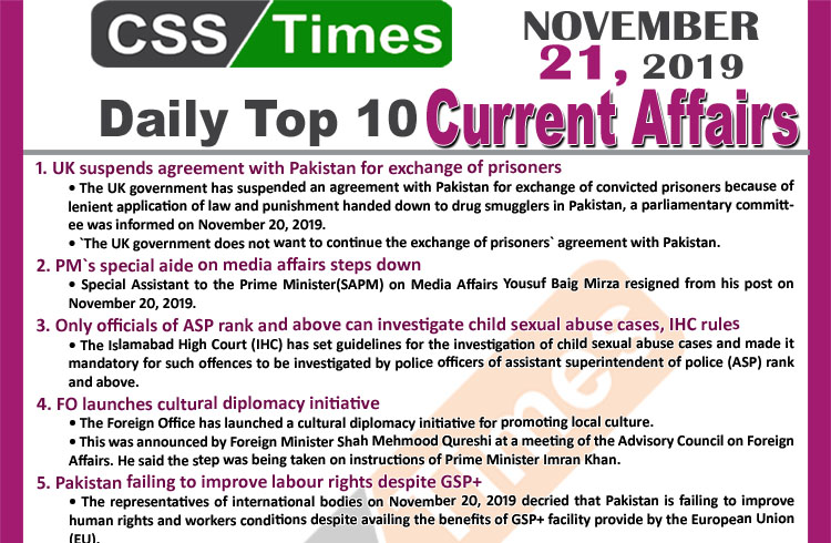 Day by Day Current Affairs (November 21 2019) | MCQs for CSS, PMS