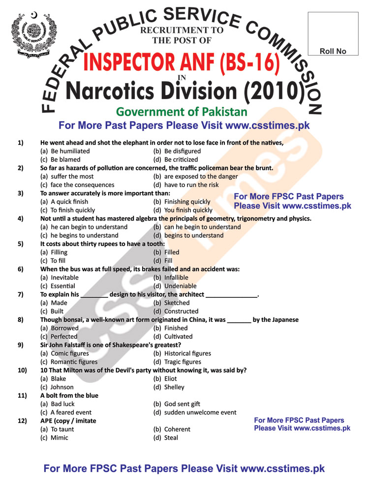 Inspector Anti Narcotics Force (ANF), BS-16 Paper 2010 Page 1