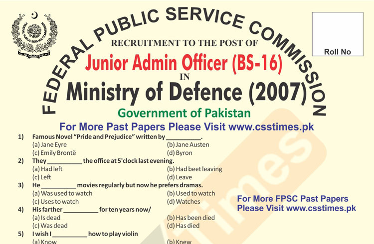 Junior Admin Officer Ministry of Defence (MoD) FPSC Past Paper 2007 (Solved)