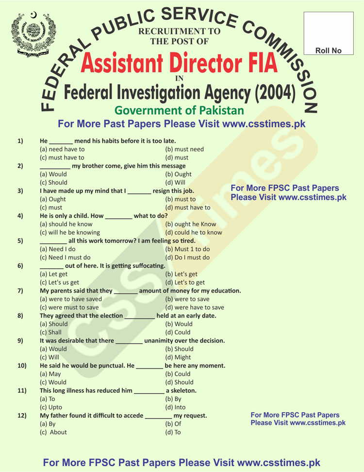 Assistant Director (FIA), Federal Investigation Agency Paper 2004 (FPSC Past Papers)