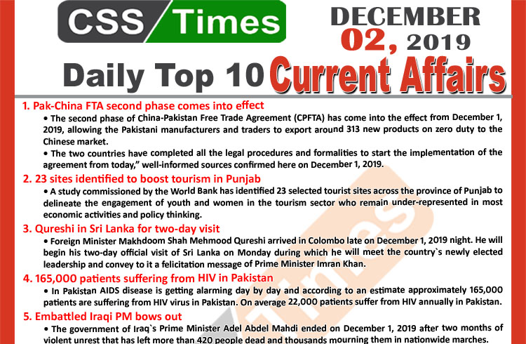 Day by Day Current Affairs (December 02 2019) | MCQs for CSS, PMS