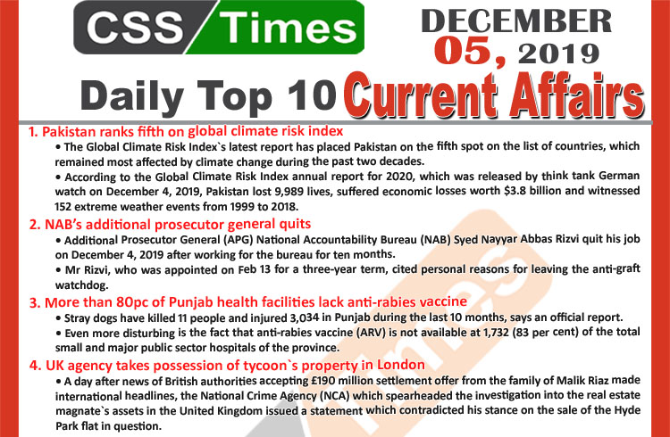 Day by Day Current Affairs (December 05 2019) | MCQs for CSS, PMS