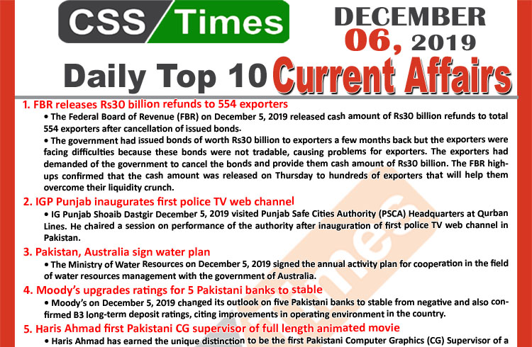 Day by Day Current Affairs (December 06 2019) | MCQs for CSS, PMS