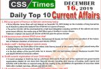 Day by Day Current Affairs (December 16 2019) MCQs for CSS, PMS