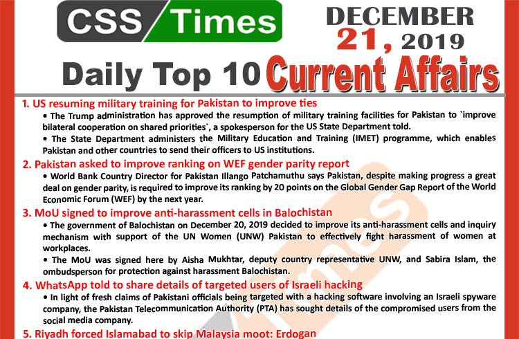 Day by Day Current Affairs (December 21 2019) MCQs for CSS, PMS