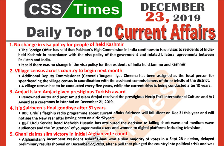 Day by Day Current Affairs (December 22 2019) MCQs for CSS