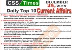 Day by Day Current Affairs (December 25 2019) MCQs for CSS, PMS