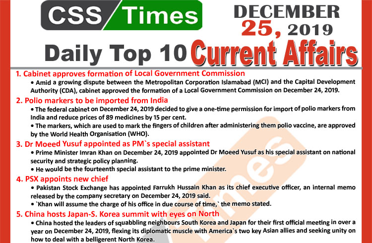 Day by Day Current Affairs (December 25 2019) MCQs for CSS, PMS