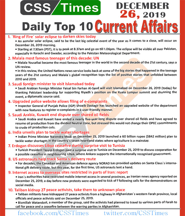 Day by Day Current Affairs (December 26 2019) MCQs for CSS, PMS