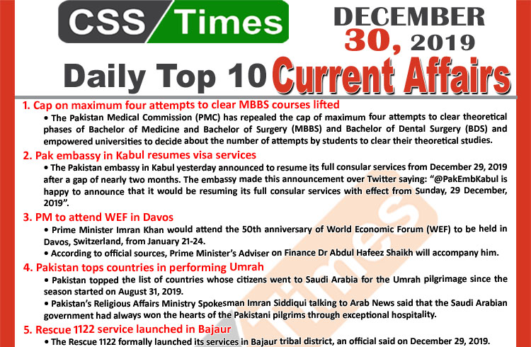 Day by Day Current Affairs (December 30 2019) MCQs for CSS, PMS