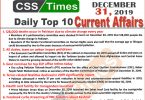 Day by Day Current Affairs (December 31 2019) MCQs for CSS, PMS